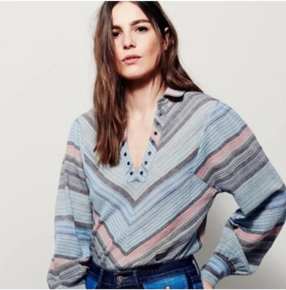 FREE PEOPLE Call My Name Blue Combo Multi Striped V-Neck Long Sleeve Boho Top S